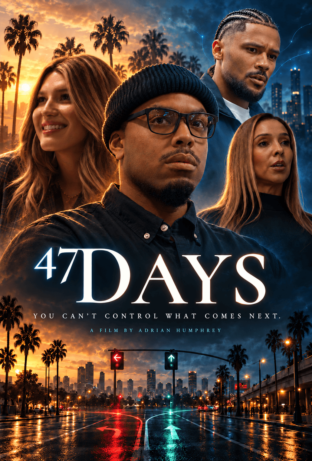 Official 47 DAYS poster featuring Ethan, Emily, Jay and Mara in warm sunset and blue San Diego light